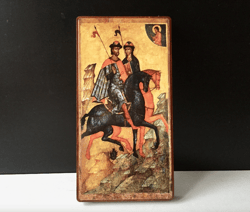The first Russian saints Boris and Gleb | Icon print mounted on wood | Size: 21 x 11 x 2 cm
