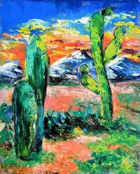 Saguaro Cacti Original Painting Mexican Landscape Cactus Painting Original Art Mexico Painting National Park 10" by 8"