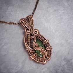 jade necklace for woman wire wrapped copper pendant antique style jewelry wire wrap art design one of a kind