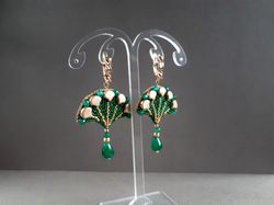 Green egyptian earrings, art deco earrings, gold beaded earrings, floral handmade earrings, gift for her