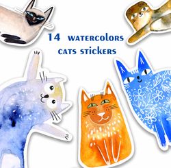 Watercolor funny cats sticker pack, cute cats, cat breeds, laptop stickers, diary sticker, funny kitty, hand drawn