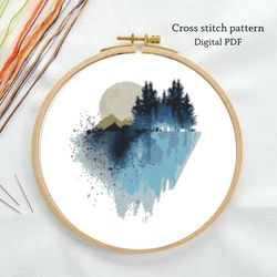 Mountains cross stitch pattern, Pine cross stitch pattern, Modern landscape embroidery, Instant download, Digital PDF