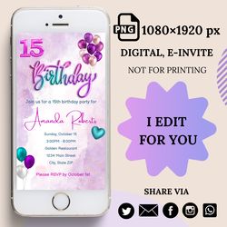 Balloons digital Invitation, Girls birthday Invitation, Pink invitation, Evites, Girls electronic invitation, Invite