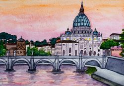 St. Peter's Basilica original watercolor painting Rome cityscape bridge wall art Italian architecture Vatican artwork
