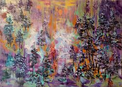 Waterfall Forest Abstract Sunset Impasto Art Large Original Oil Painting Canvas Artist Svinar Oksana