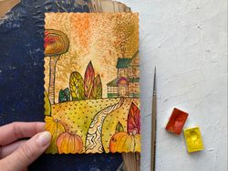 Fall painting Mini Original watercolor card Small artwork Art gift by Rubinova