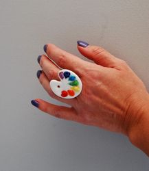 Large ring Artist Palette Porcelain Jewelry Ceramic Ring Rainbow Painter Porcelain One size ring Gift to the artist