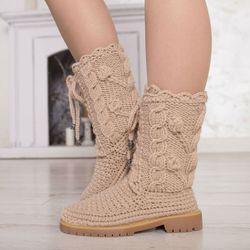 Snow ankle boots Ugg crochet boots Knitted boots women lace up boots Woolen boots  Designer wool moccasins