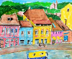 Old Town Original Painting Colorful Cityscape Houses Artwork Landscape Painting Sketch Artwork Small Artwork 8 x 10 inch