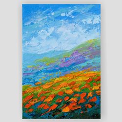 California poppies painting Mountain Landscape Small Original Art 5 by 7 in Wildflower Painting by Juliya JC