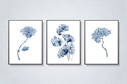 Botanical Wall Art, Gallery set of 3 botanical posters, Hydrangea print, Navy blue wall art