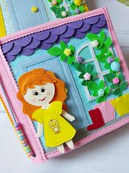 Book for girl, Textile Dollhouse with felt doll by clothes, Travel Portable Dollhouse with 4 rooms, Quiet book for girl