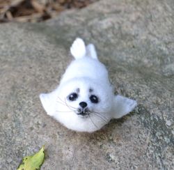 white baby seal collectible figurine needle felted realistic seal handmade wool miniature animal sculpture