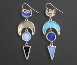 Asymmetric Crescent stained glass earrings, Long black blue earrings with mirror