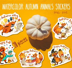 Watercolor autumn fox bunny stickers, Happy fall, Thanksgiving watercolor stickers, Halloween sticker pack, autumn