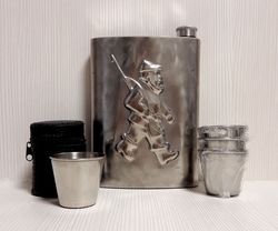 Soviet Flask Stainless Steel and Shot Glasses. Travel flask USSR