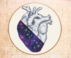 Galaxy heart cross stitch pattern Modern cross stitch Space Anatomical cross stitch Night sky embroidery