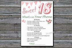 Sweet 18th What's in Your Phone Birthday Party Game,Adult Birthday party game printable-fun games for her-Instant downlo