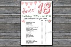 Sweet 18th Birthday ever or never game,Adult Birthday party game printable-fun games for her-Instant download