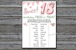 Sweet 18th This or that birthday game,Adult Birthday party game printable-fun games for her-Instant download