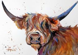 Original watercolor painting wall decor 8x11 inches curley cow animal art by Anne Gorywine