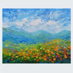 California poppies Art Mountain Landscape Original Painting 8 by 10 inch Wildflowers Painting by Juliya JC