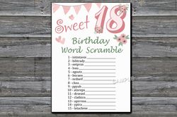 Sweet 18th Birthday Word Scramble Game,Adult Birthday party game printable-fun games for her-Instant download