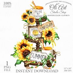 Summer Tiered Tray Design. Sunflowers. Png File, Hand Drawn graphics. Digital Download. OliArtStudioShop