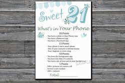 Sweet 21st What's in Your Phone Birthday Party Game,Adult Birthday party game -fun games for her-Instant download