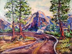 National Parks Trees Mountain Car Road Original Art Oil Painting Artist Svinar Oksana