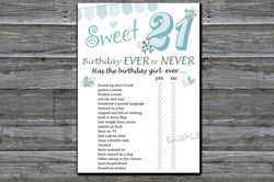 Sweet 21st Birthday ever or never game,Adult Birthday party game printable-fun games for her-Instant download