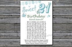 Sweet 21st Birthday Word Search Game,Adult Birthday party game printable-fun games for her-Instant download