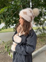 Winter hat and mittens, Warm and fluffy winter set of angora - hat, scarf and mittens. Knit hand,