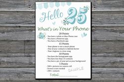 25th Birthday What's in Your Phone Birthday Party Game,Adult Birthday party game-fun games for her-Instant download