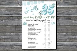 25th Birthday ever or never game,Adult Birthday party game-fun games for her-Instant download
