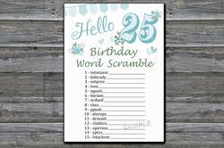 25th Birthday Word Scramble Game,Adult Birthday party game-fun games for her-Instant download