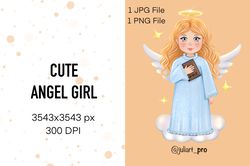Cute Angel Girl with Bible, Digital Angel, Angel Print