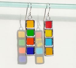 Stained glass long earrings, Colorful suncatcher earrings, Black earrings