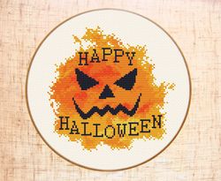 Happy Halloween cross stitch pattern Modern cross stitch Pumpkin embroidery Watercolor cross stitch PDF