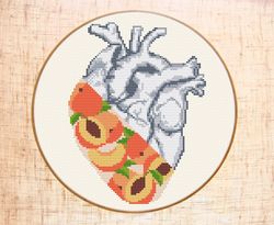 Heart cross stitch pattern Modern cross stitch Anatomical cross stitch Peach embroidery Fruit Counted Cross Stitch PDF