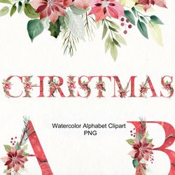Watercolor christmas alphabet, png.