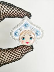 Blue matryoshka russian doll beaded brooch, small authentic russian pin