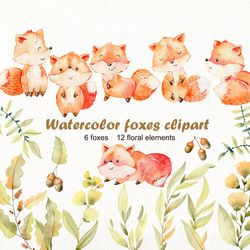 Watercolor foxes clipart, nursery animals.