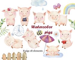 Watercolor pigs, Farm Animals Clipart.
