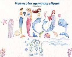 Watercolor mermaids clipart, sea animals.