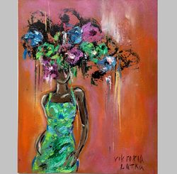 Black Woman Artwork Original Painting Expressive Female Portrait Art 13 by 16 " Figurative Painting Faceless Portrait