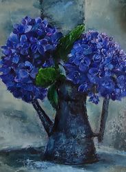 Hydrangeas blue flowers painting Impressionism Original art Oil artwork impasto