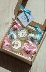 Multi gift box, gift for her, bath bombs set, soy wax candles, soy tealights, natural cosmetics, Christmas gift