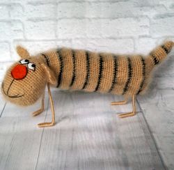 Crochet long cat, crochet tabby cat, little decor cat, funny cat, striped cat