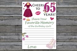 65th Birthday Favorite Memory of the Birthday Girl,Adult Birthday party game-fun games for her-Instant download